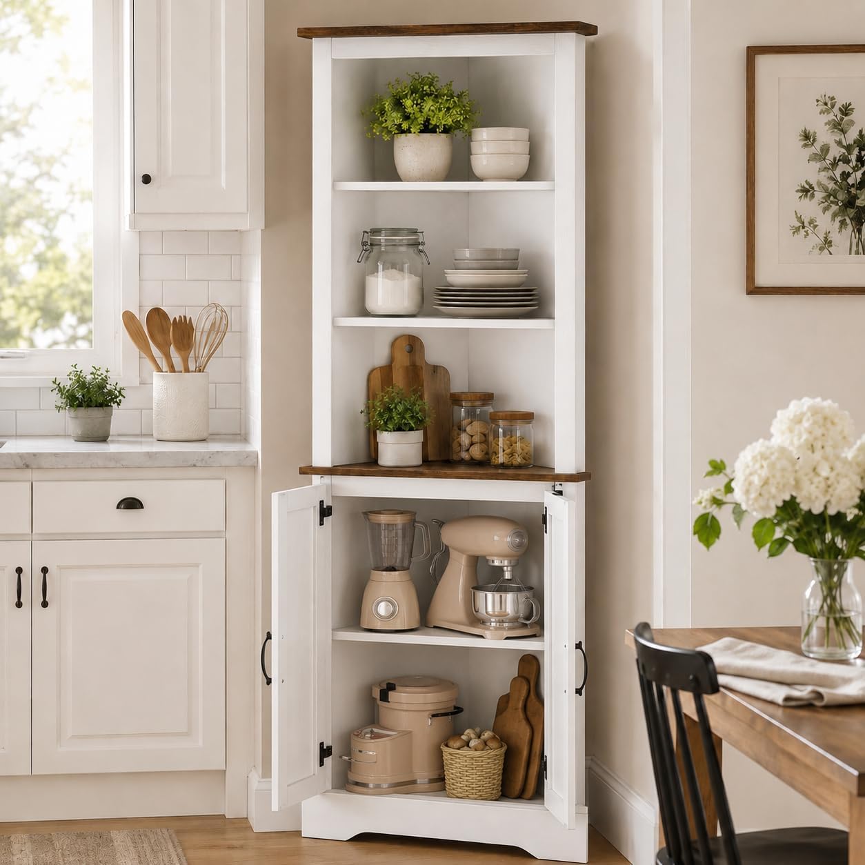 4 EVER WINNER Farmhosue Corner Cabinet, 68' Tall Corner Storage Cabinet with 5-Tier Adjustable Shelves and Barn Doors for Small Space, Living Room, Dining Room, Hallway, Bathroom, Kitchen, White