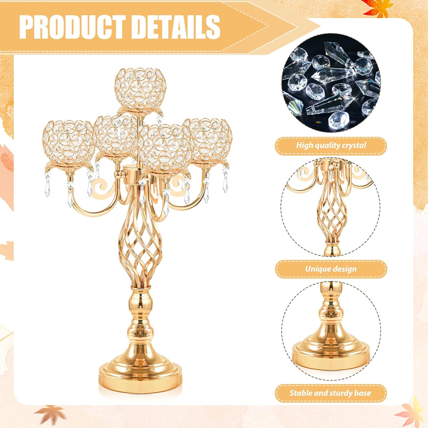 5-Arm Crystal Candelabra Centerpiece 23.2' Tall - Elegant Candle Holder Stand with Crystal Bowl, Chic Table Decor for Weddings, Parties, Anniversary & Home Decoration (4, Gold)