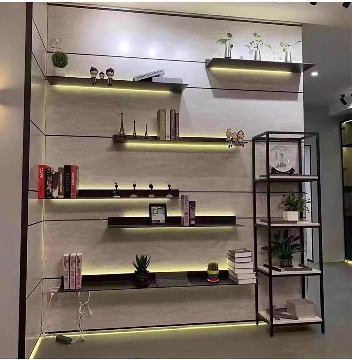 L-Shape Aluminum Alloy Wall Shelf, Illuminated Wall Shelf Built-in LED,Aluminum Alloy Display Stands,Floating Shelves Wall Mounted,Light Creative Metal Display Shelves(Black 60cm/23.62in)