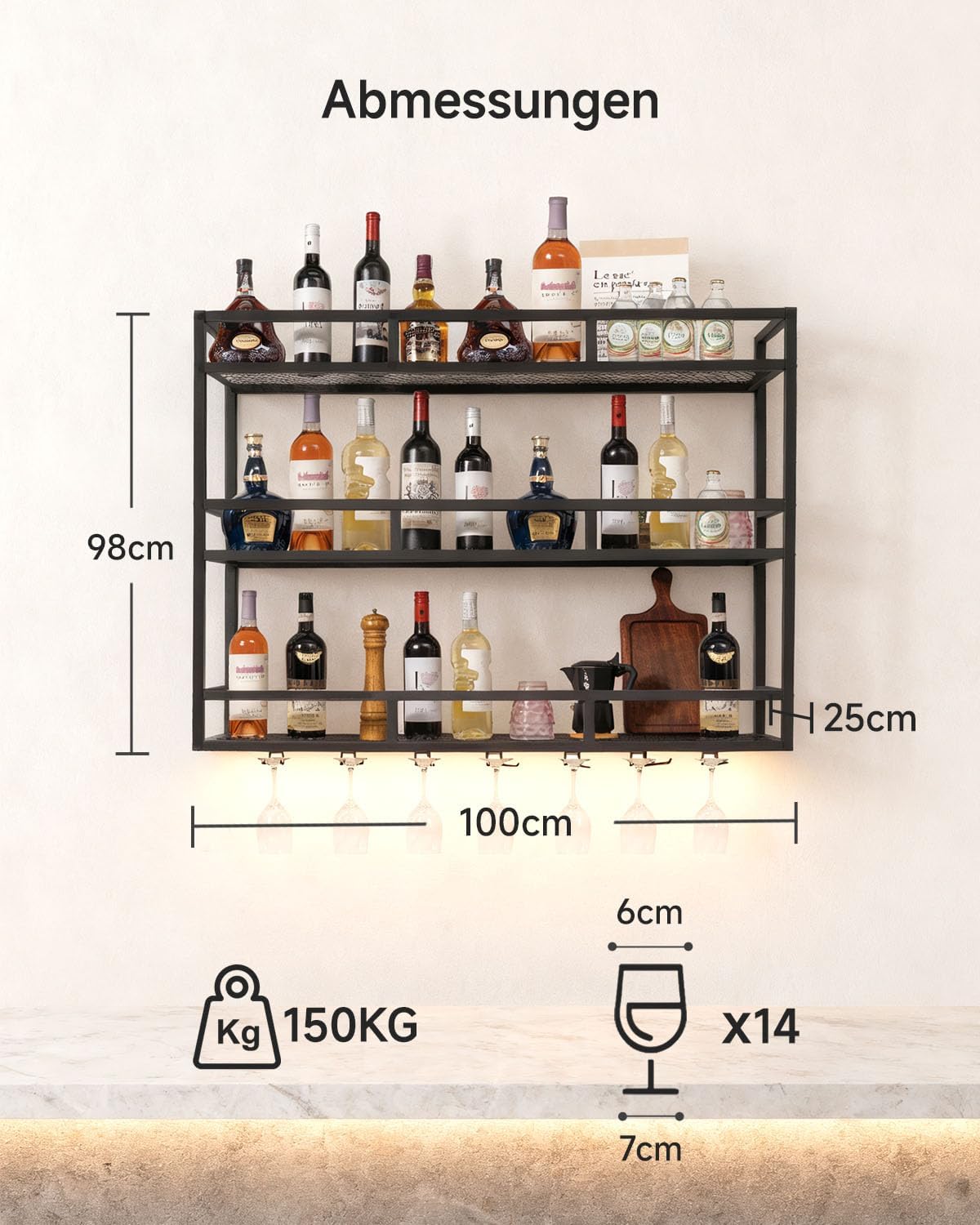 39' Wall Mounted Wine Rack with Bottle Glass Holder, 3-Tiers Metal Bar Shelves for Liquor Bottles with LED Light, Wall Wine Rack for Home, Restaurant, Commercial Bar, Kitchen Storage Display
