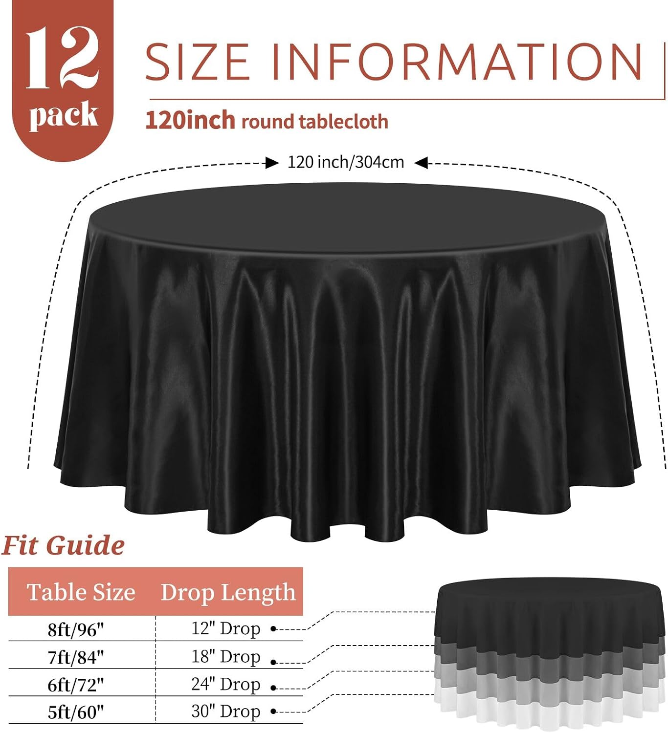 12 Pack 120 Inch Round Tablecloth, Black Satin Fabric Table Cloth for Round Tables, Wrinkle Resistant Washable TableCover Bright Silk Table Clothes for Wedding Party Dining Tables Banquet