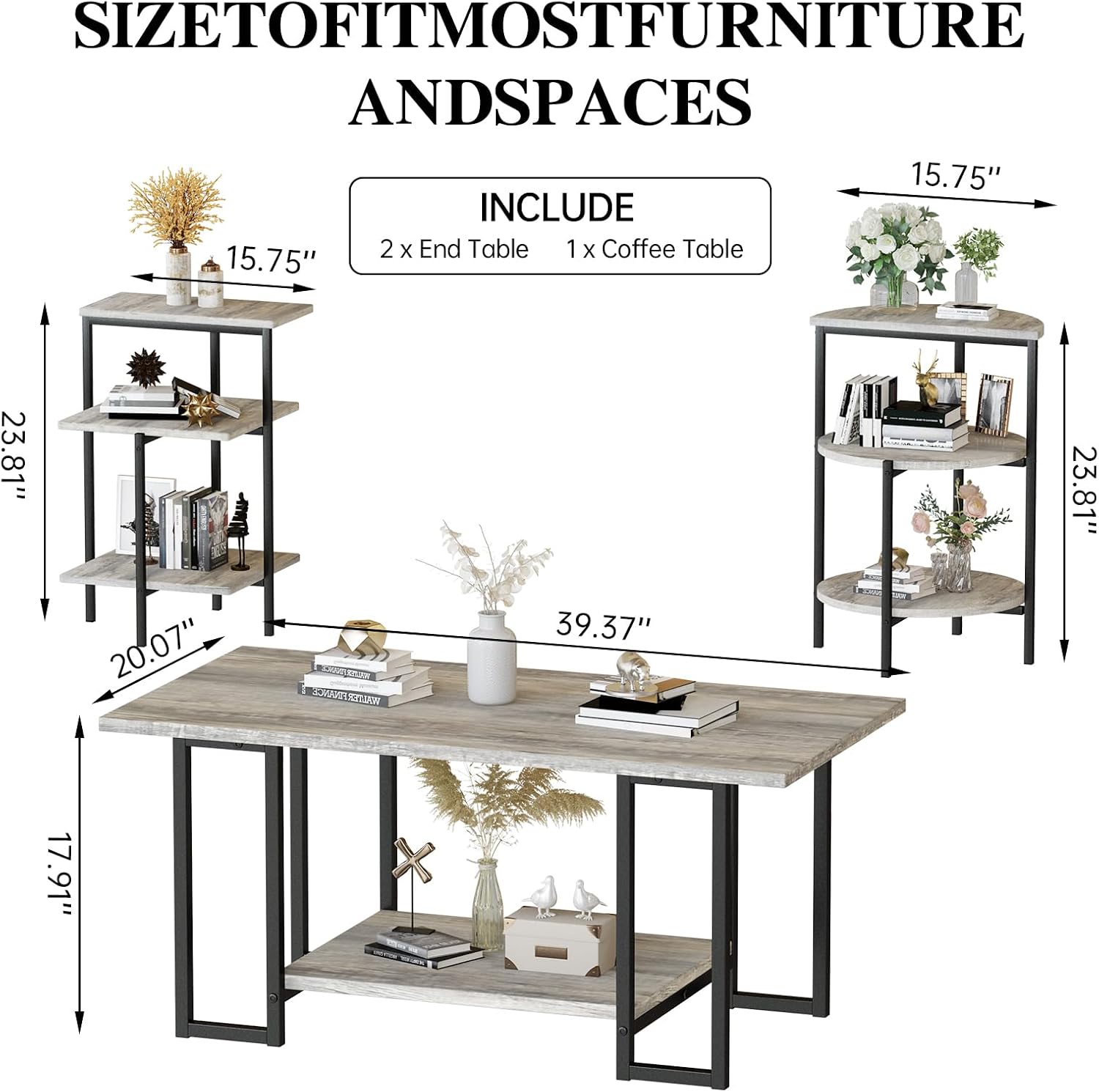 Lamerge Coffee Table Set of 3,Rectangle Coffee Table&2 Accent Table,Faux Marble Tabletop,3 Piece Living Room Table Sets with Multi Tier Storage, for Small Space, Apartment, Gray