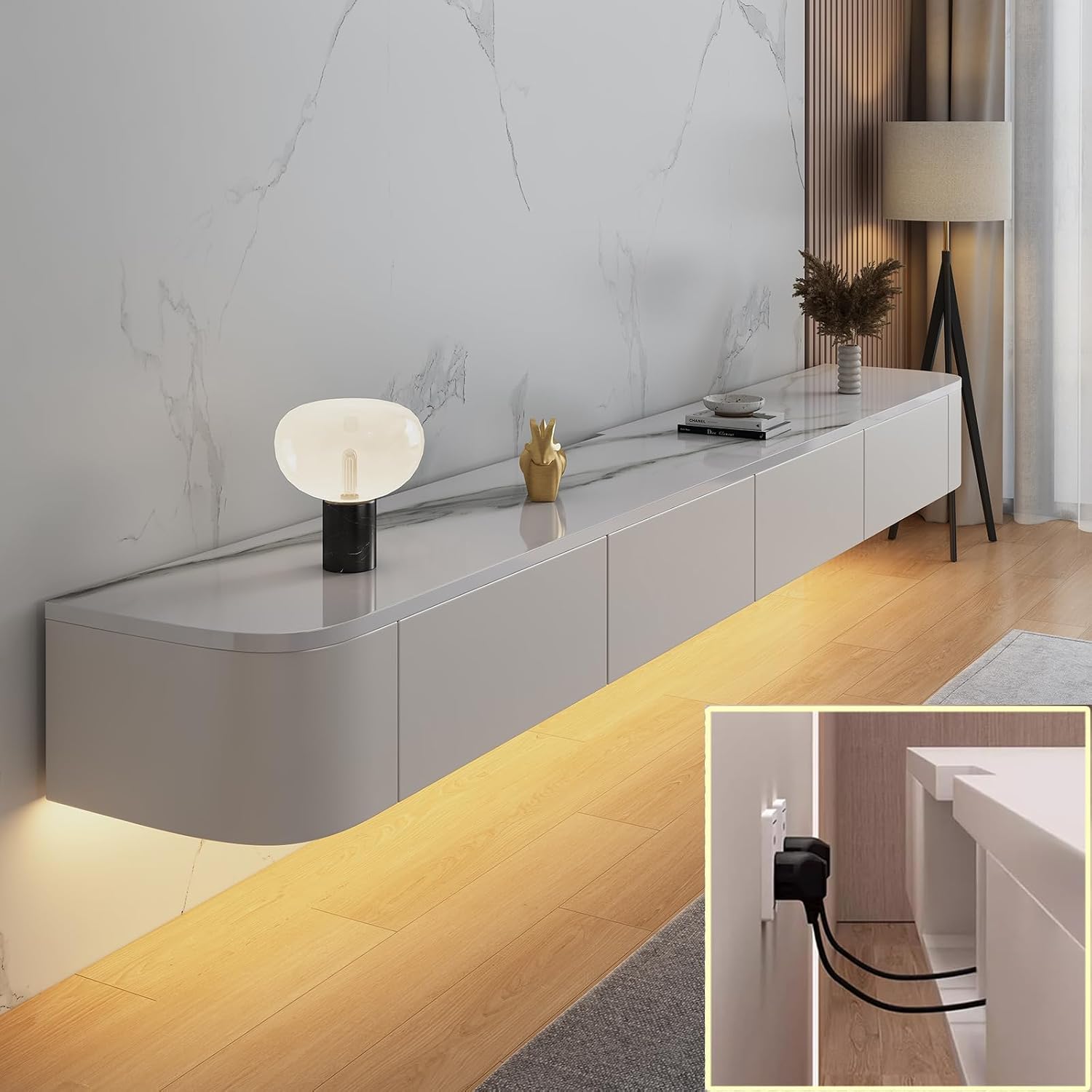Floating TV Stand Large Floating TV Shelves Wall Mounted Multi Storage Compartment TV Media Console Floating TV Cabinet Bench Under TV Large Storage (Rock White with Led, 86.6 * 7.9 * 9.4 in)