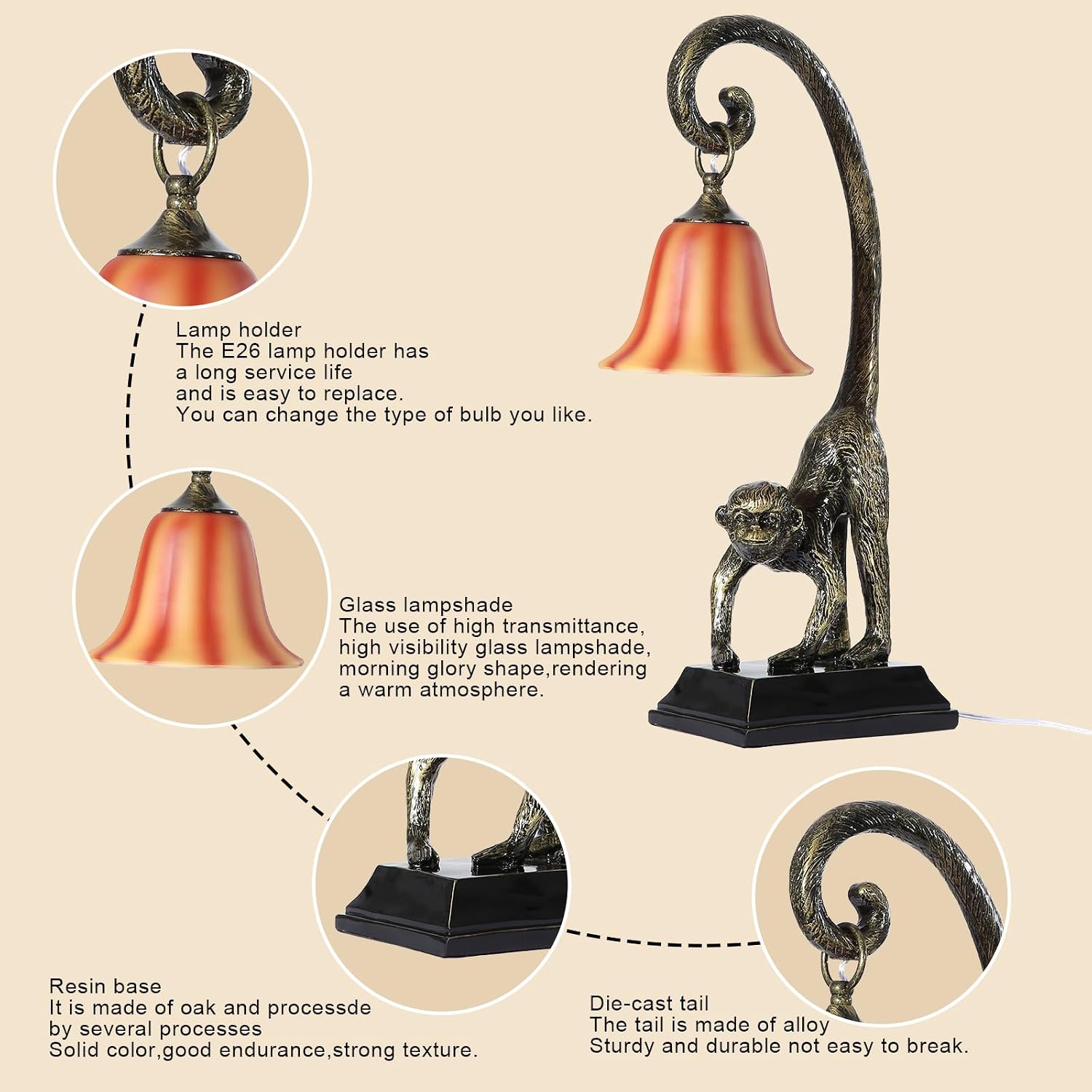 Modern Resin Bronze Monkey Table Lamp,Desk Lamp,Animal Lamp,Bedside LED Light for Home Decor,Living Room, Bedroom, Home Office, Kids Room(Bronze)