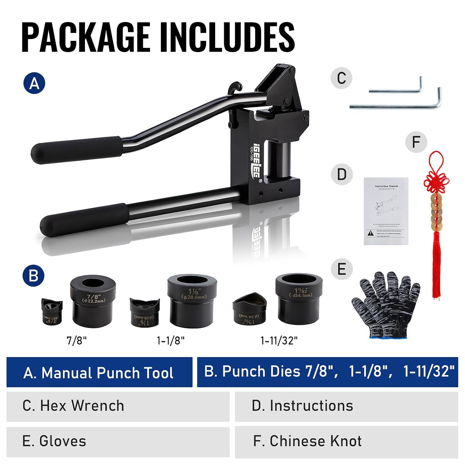 Metal Stud Punch Set for 7/8', 1-1/8', 1-11/32' - 20GA Steel, Sheet Metal Hole Punch Kit, Lever Puncher CC-100
