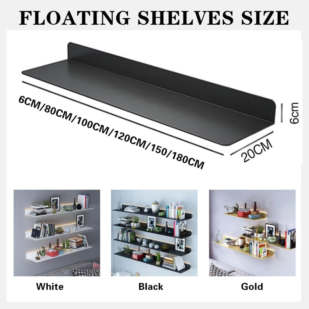 Corner Ledge Wall Shelf,Modern Metal Wall Mounted Floating Display Shelf with Built in LED Light for Commercial Bar Living Room Bathroom Black 23.6in