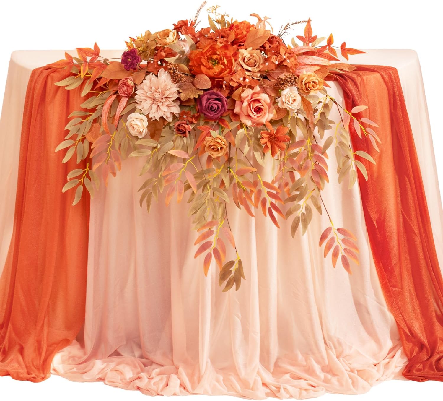 TINGE TIME Artificial Sweetheart Flower Swag with Tablecloth and Table Runner, Pack of 3 Floral Arrangement for Autumn Wedding Sweetheart Table Centerpiece Fall Decoration (Maple Red)