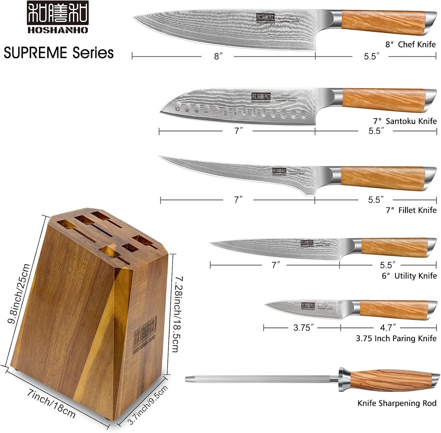 HOSHANHO Knife Set with Block 7-Piece, Professional 67-layer Damascus Super Steel Kitchen Knife Sets for Cooking, Ultra Sharp Knife Set with Sharpener