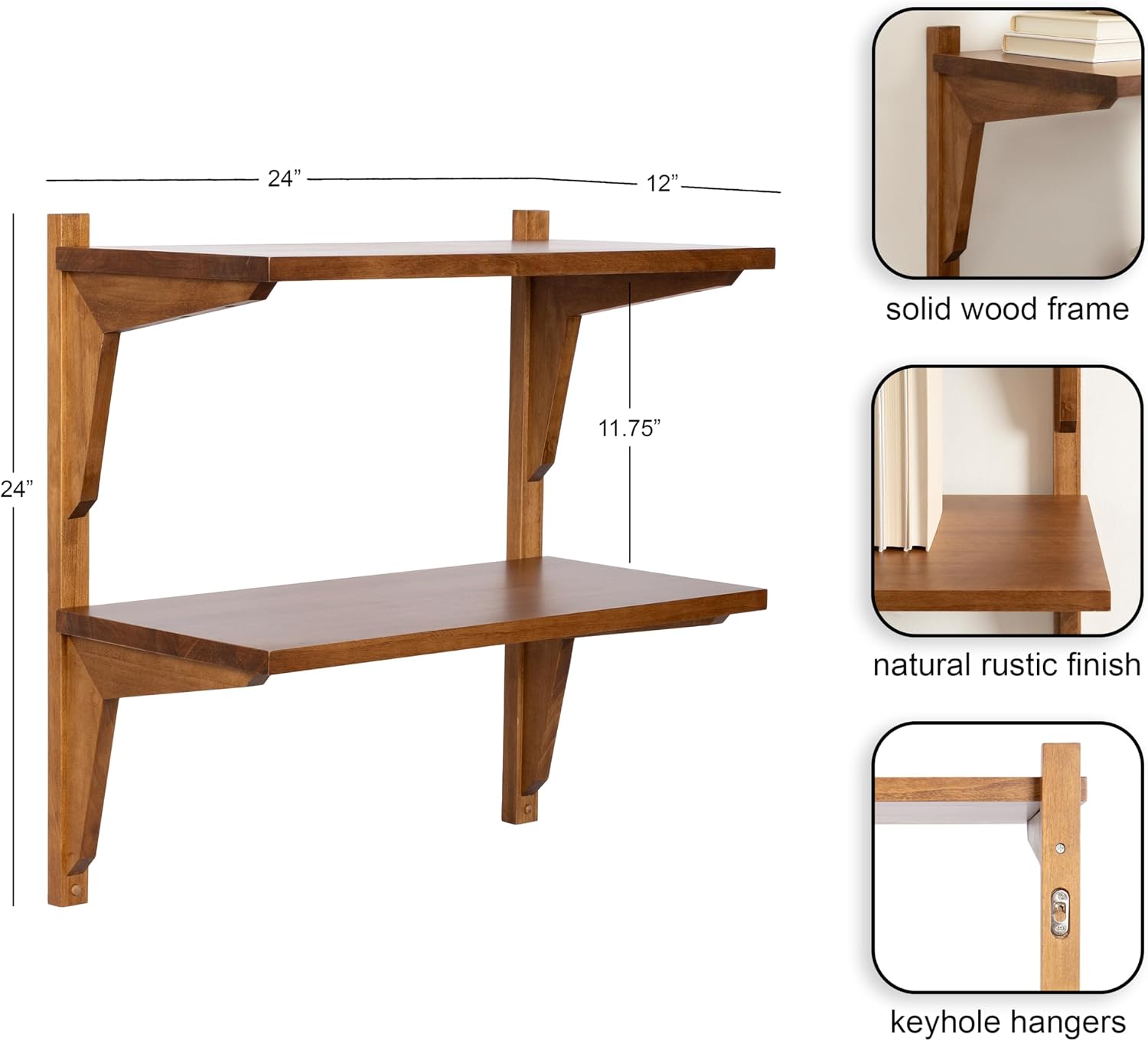 Kate and Laurel Meridien Modern Two-Tier Wooden Shelves, 24 x 12 x 24, Rustic Brown, Stunning Tiered Wall Shelf for Storage and Display as Cute Nursery Shelving or Bedroom Storage