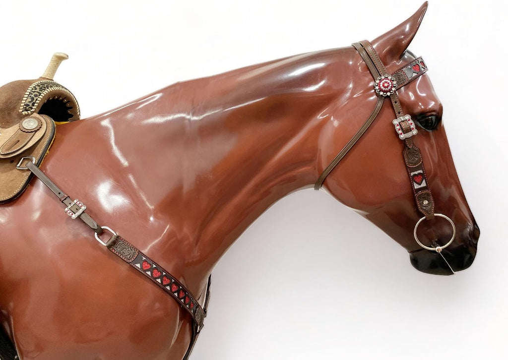 Premium Browband Horse Tack Set - Argentina Cow Leather Headstall & Breast Collar with Red Heart Design, Western Style, Durable Antique Nickel Hardware, Handcrafted Quality, Ideal for Show & Trail