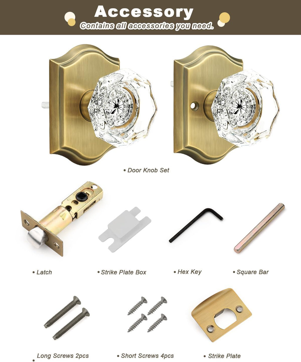 Gobrico Heavy Duty Crystal Glass Door Knobs 6 Pack,Passage Function for Interior Room,Keyless Snowflake Crystal Door Handles for Hall Closet Pantry,Antique Brass Finish