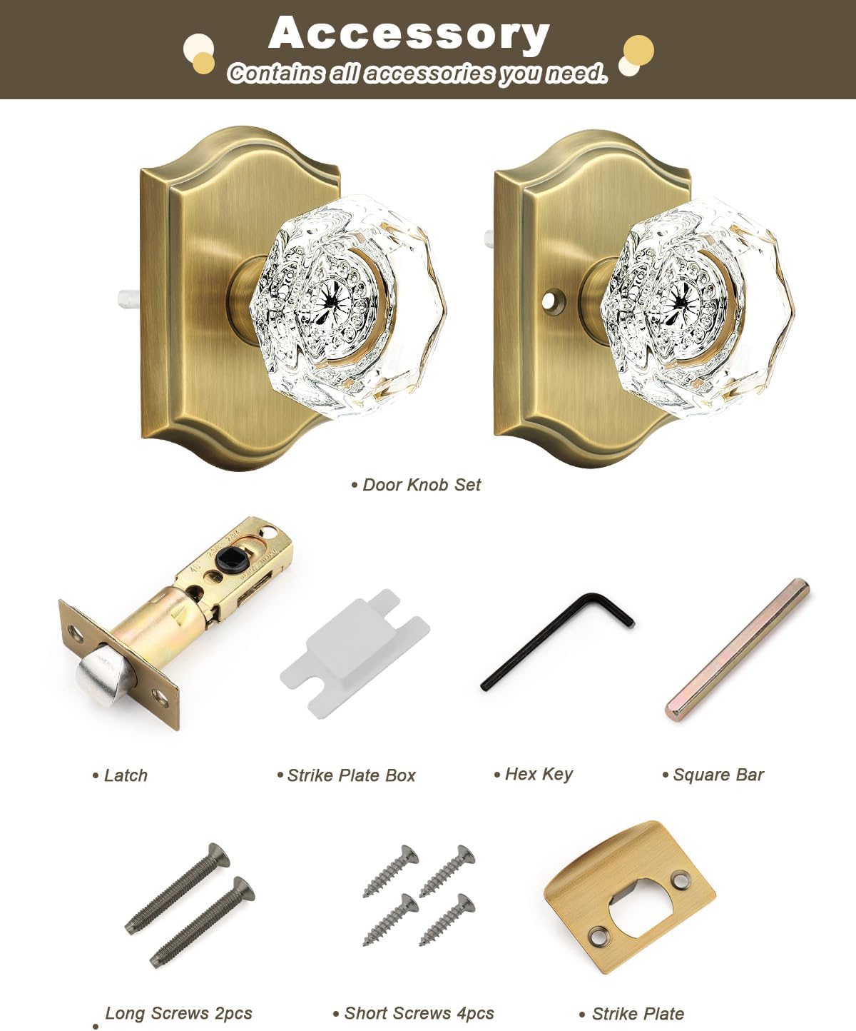 Gobrico Heavy Duty Crystal Glass Door Knobs 6 Pack,Passage Function for Interior Room,Keyless Snowflake Crystal Door Handles for Hall Closet Pantry,Antique Brass Finish