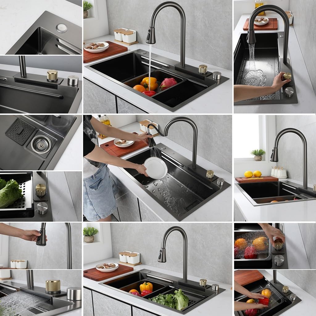 Single Bowl Waterfall Sink Stainless Steel Kitchen Sink Nano Coated Workstation Sink with Pull-Out Faucet and Cup Washer Full Set of Accessories (Color : Black, Size : 68x45x22cm) (Black 68x45x22
