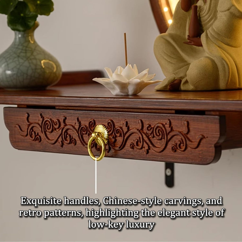 Wall-Mounted Buddha Statue Stand with LED Light Household Small Buddhist Shrine Altar Table with Retractable Pull Plate Bamboo Prayer Offering Table Wall Altar Shelf for Incense Offerings.(Walnut,50X2