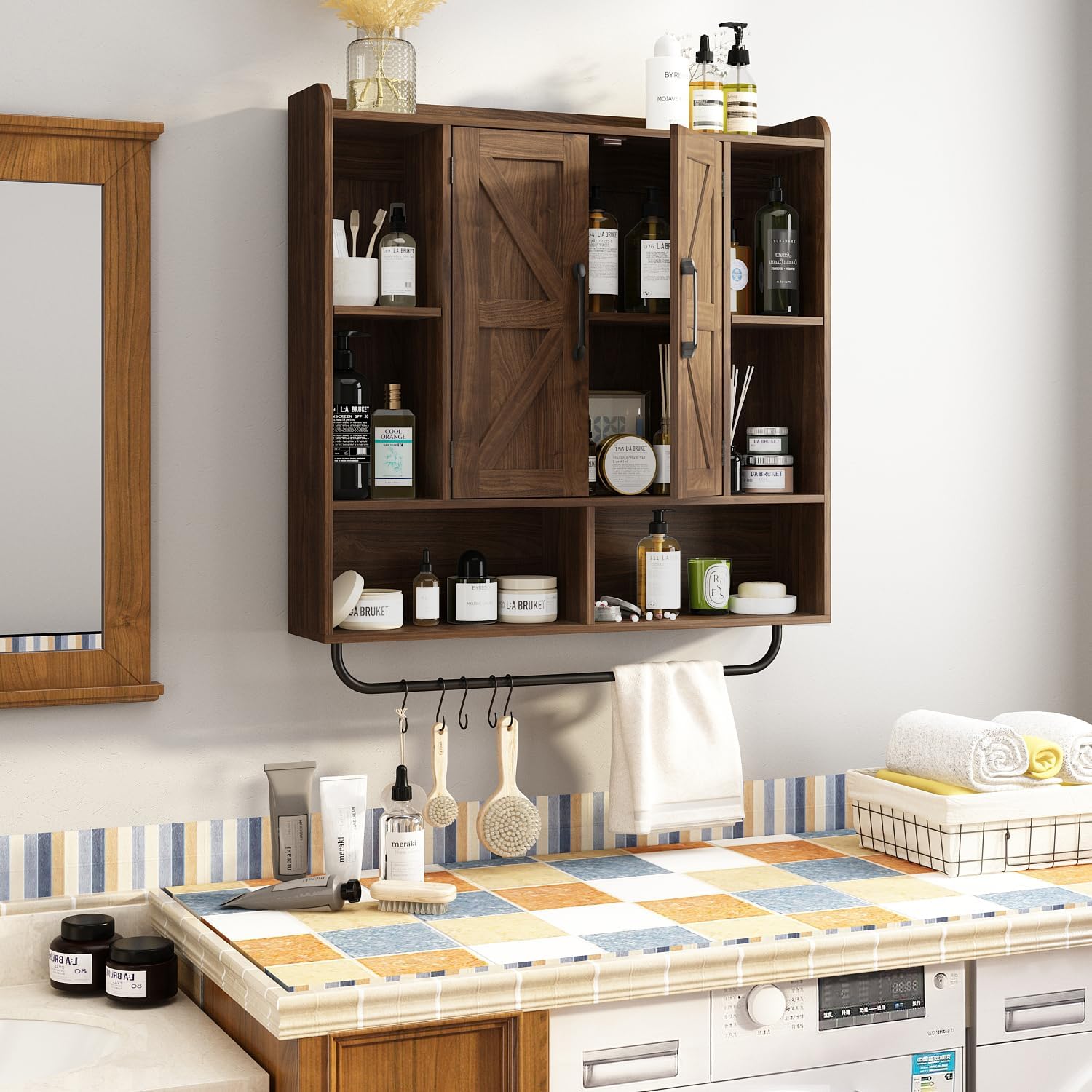 RUSTOWN Rustic Wood Wall Bathroom Cabinet, Farmhouse Medicine Cabinet Wall Mounted, Space Saving Wall Storage Cabinet with 2 Barn Door, 3-Tier Adjustable Shelves and Towel Bar(Dark Walnut)