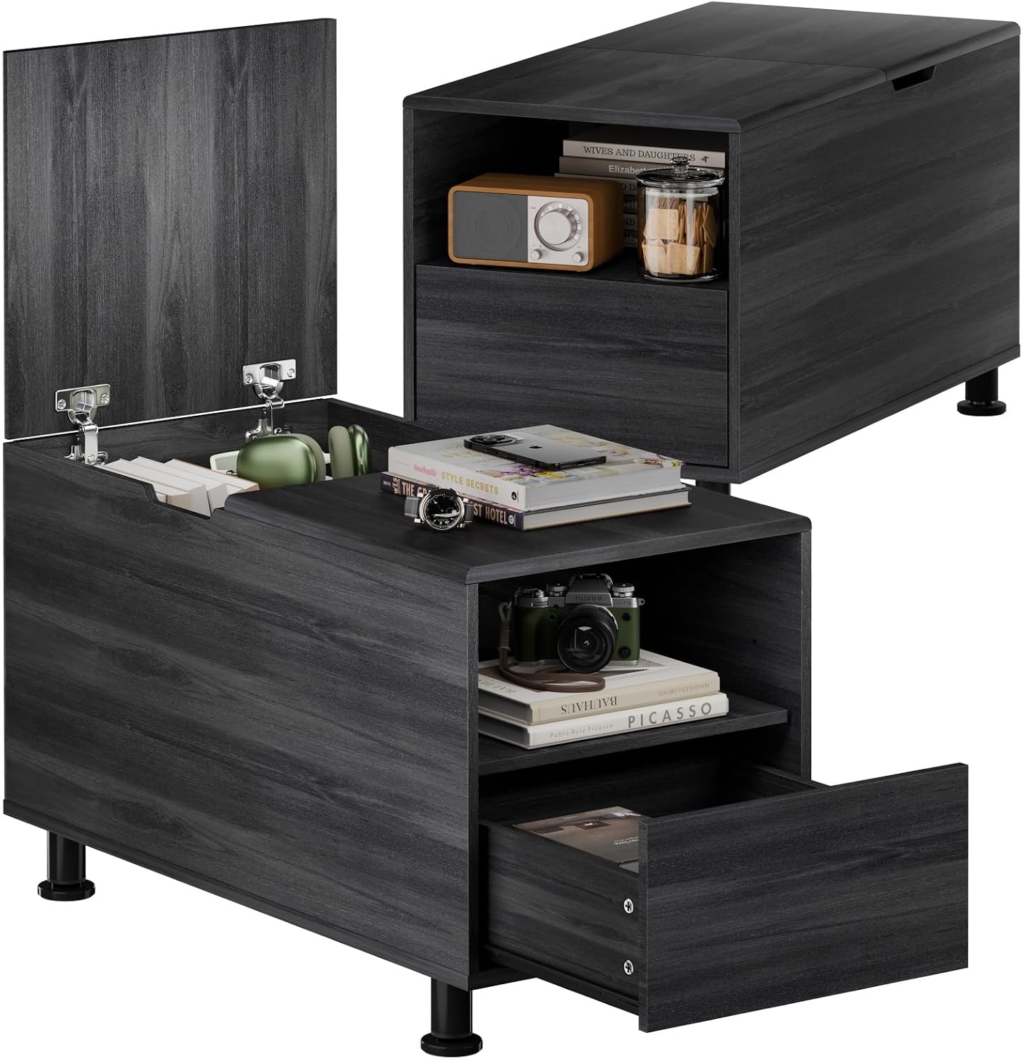 Rresyet Adjustable Height End Table with Large Cube Storage, Drawer & Open Shelf - 15.8' Modern Nightstand, Minimalist Sofa Side Table for Living Room, Bedroom, Office (2, Black)