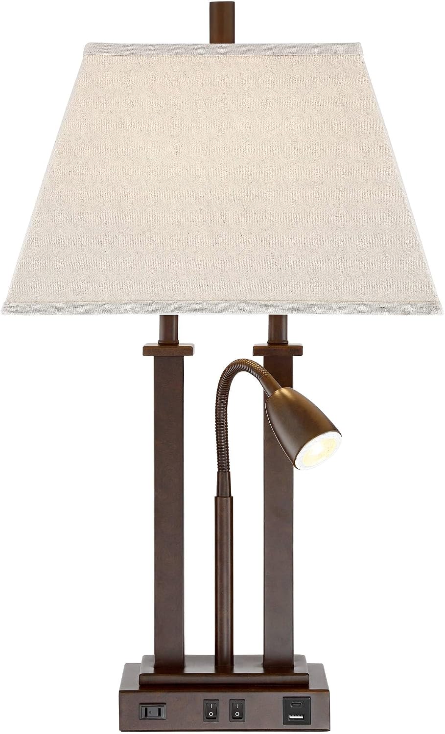 Possini Euro Design Deacon 26' High Modern Desk Table Lamp with USB Charging Ports A+C and AC Power Outlet in Base Gooseneck LED Bronze Rectangular Linen Shade for Living Room Bedroom House Bedside