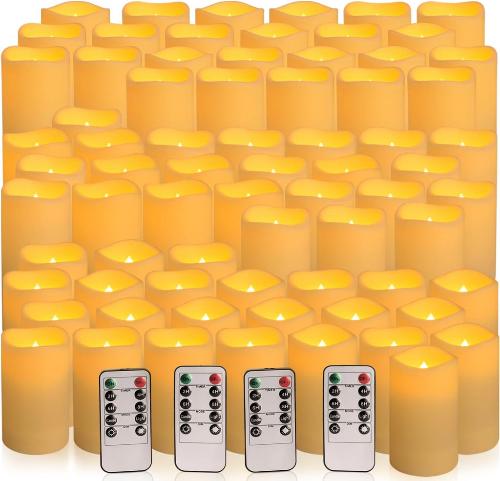 72-Pack Realistic Flameless LED Candle, Battery Operated with Remote Control, 3D Flame Pillar Timer Funtion Melted Top Safe,Perfect for Indoor/Outdoor Decor,Wedding,BBQ and Gift.