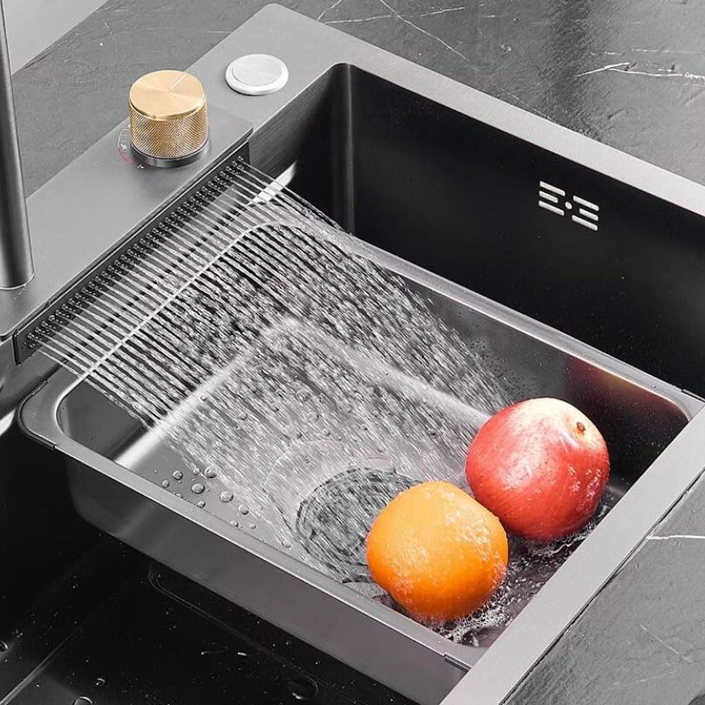 Kitchen Sinks, Single Bowl Home Kitchen Waterfall Sink Stainless Steel Vegetable Washibasin Balcony Pool Large Capacity Single Bowl Sink (68 * 45 * 22Cm