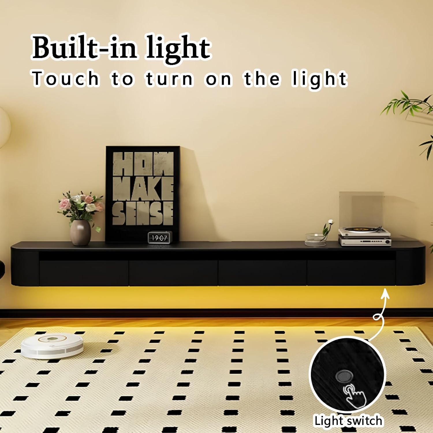Floating TV Stand with Drawers for Bedroom,Solid Wood Living Room tv Stand with LED Lights,Suitable for Various scenarios Wall Shelf TV Cabinet Black&Light, 78.7'
