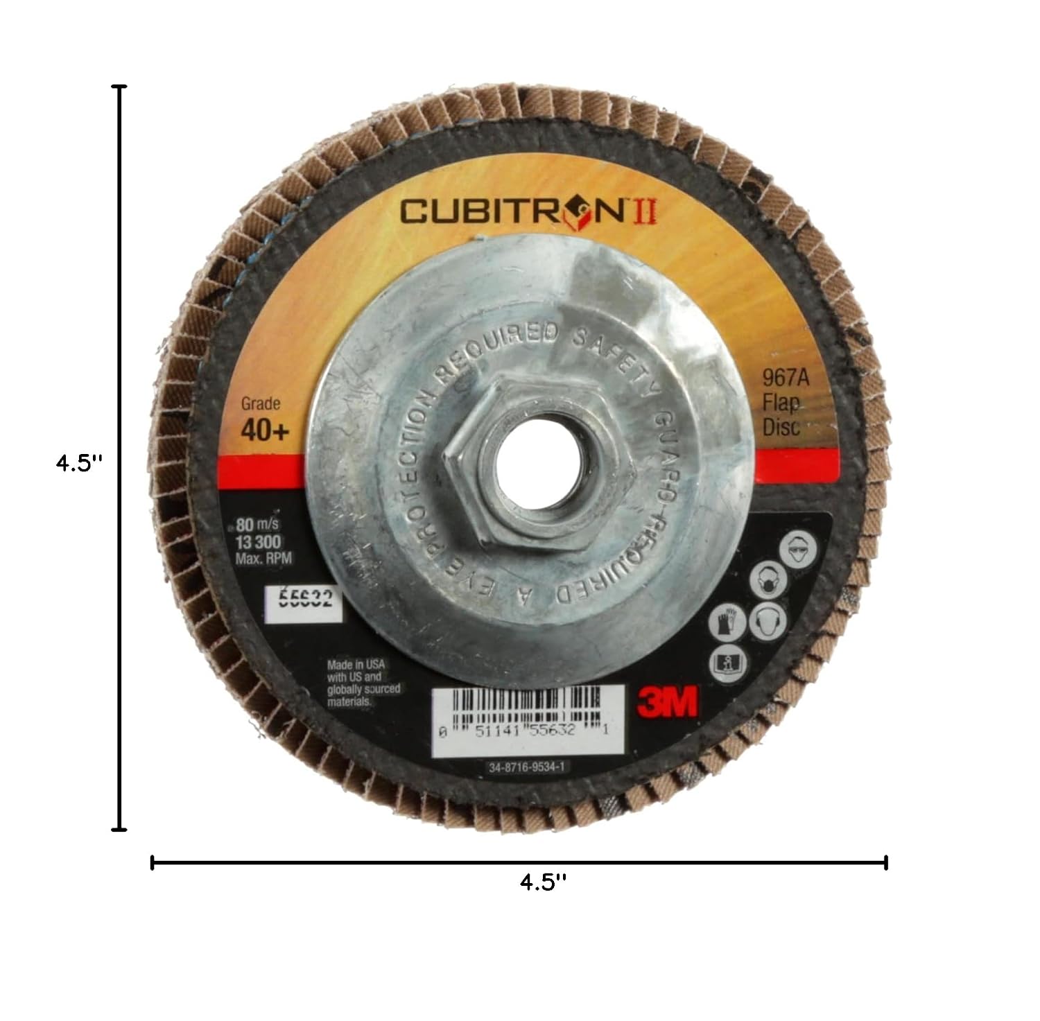 3M Cubitron II Flap Disc 967A, 40+, T27 Quick Change, 4-1/2 in x 5/8'-11, Giant, Pack of 10, Medium Pressure Applications, Light Deburring, Scale Removal, Oxide Removal, Surface Prep