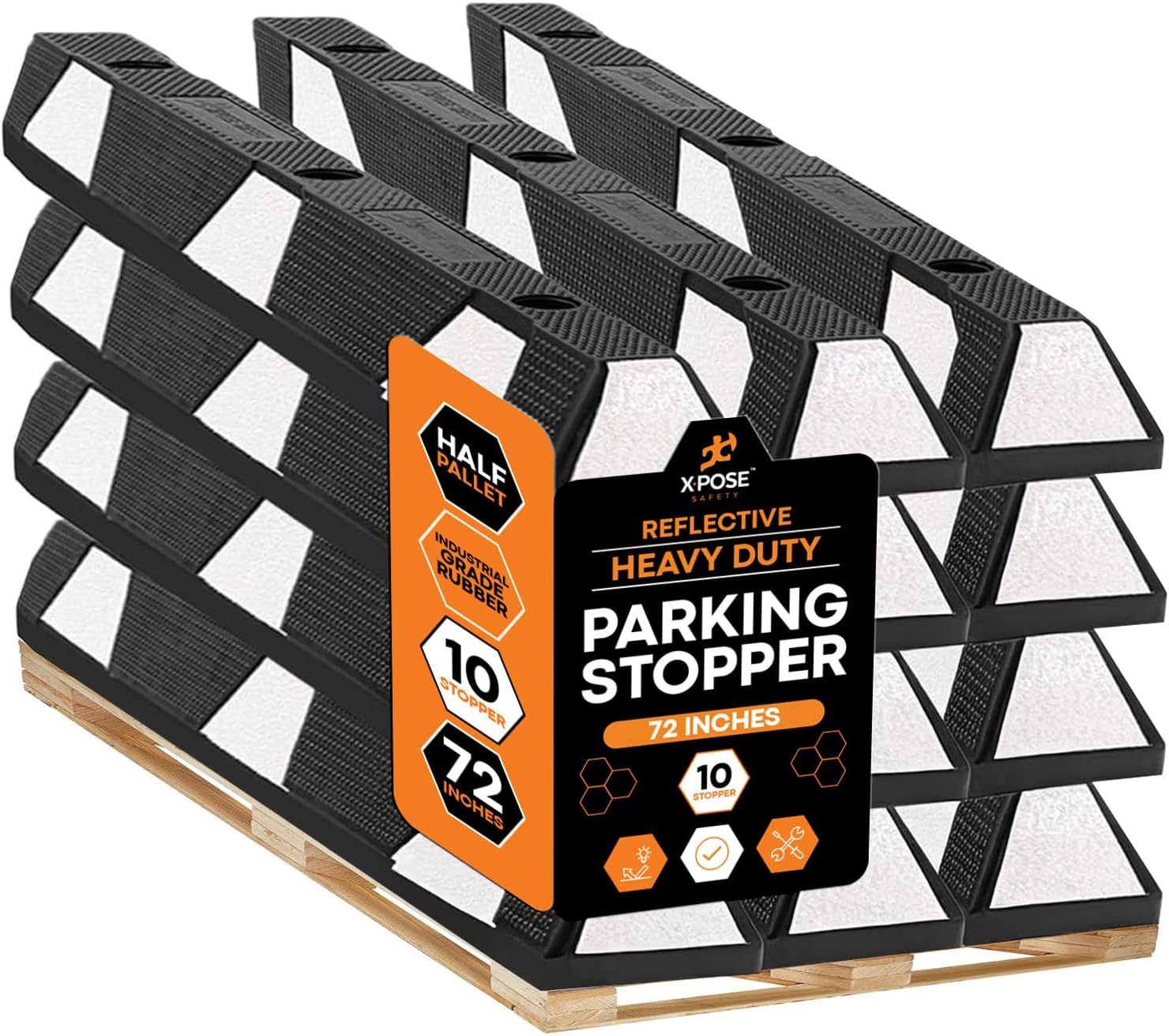 Xpose Safety 72' Heavy Duty Rubber Parking Stopper – 10 Pack Wheel Blocks for Garage, Driveway, or Ramp – Car Bumper Stop with White Reflective Strips – Removable Floor Mount
