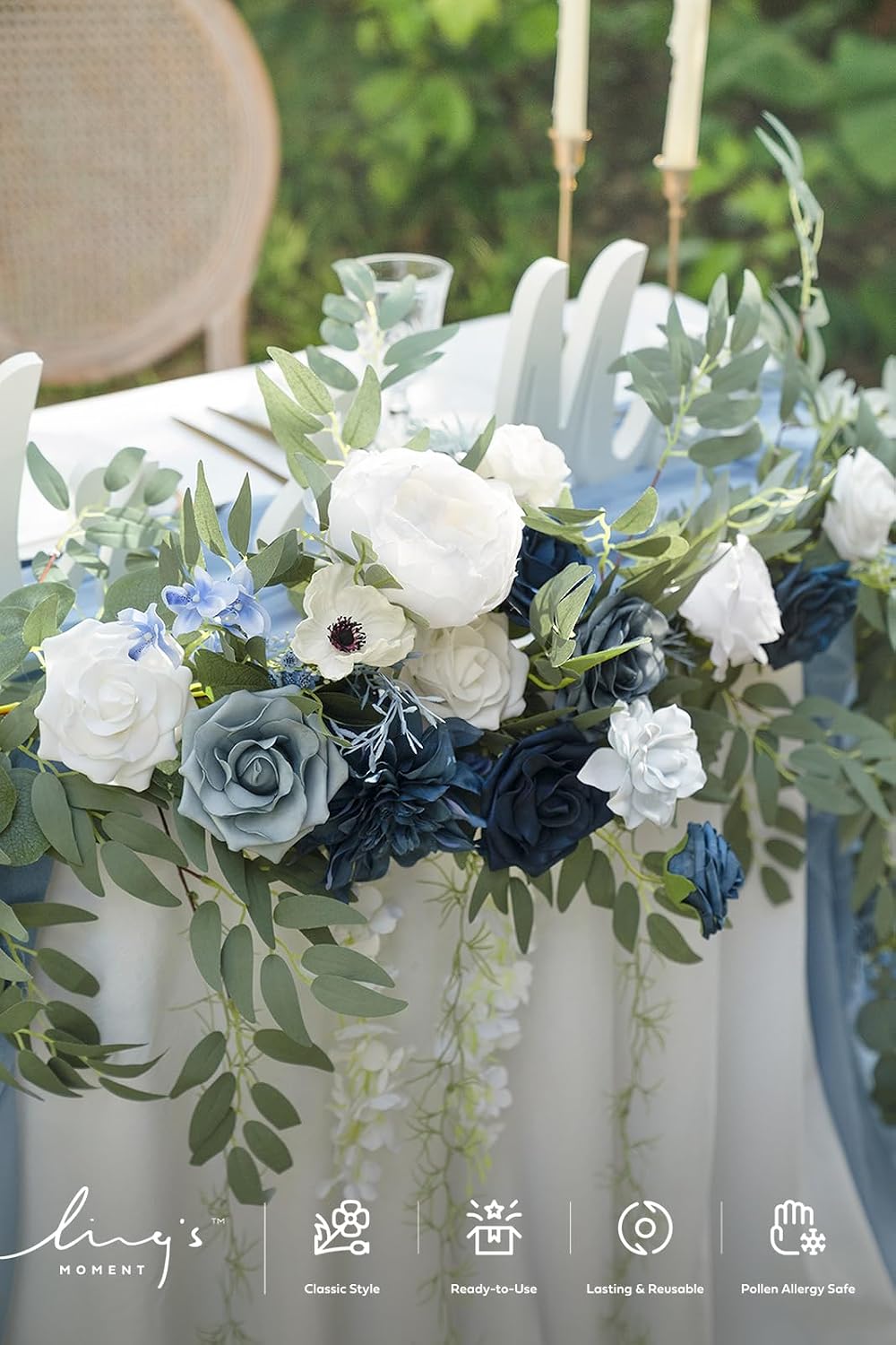 Ling's moment 9FT Spring Flower Garland- Wedding Arch Flowers for Backdrop Decoration, Eucalyptus & Rose, Artificial Floral Garland for Mantle - Sweetheart Head Table Decor for Reception, Dusty Blue