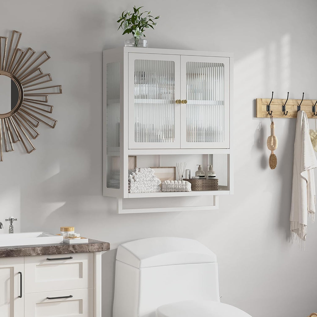 Bathroom Wall Cabinet with 2 Glass Door, Bathroom Medicine Cabinet with Towels Bar and Shelves, Over The Toilet Storage Cabinet, Metal Wall Mounted Cabinet for Kitchen (Upgraded White)
