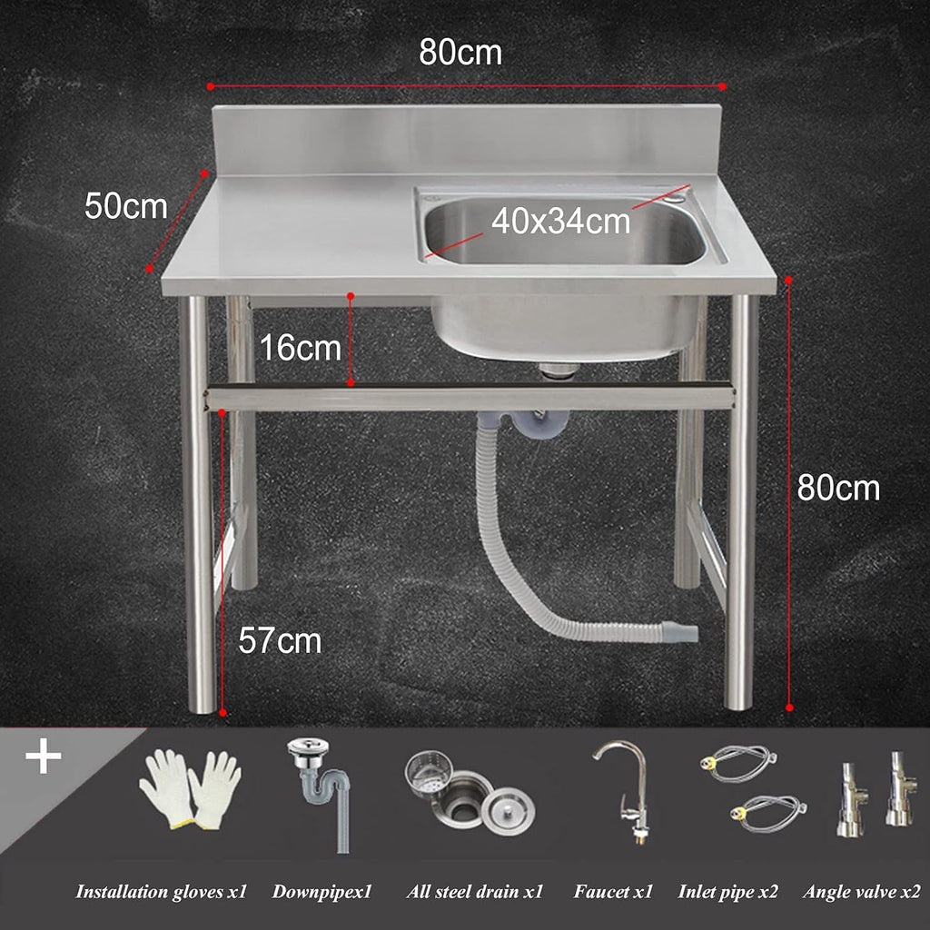 Free Standing Stainless-Steel Single Bowl Sink with Workbench, Commercial Restaurant Kitchen Sink Set with Faucet and Drainboard, Utility Washing Hand Basin