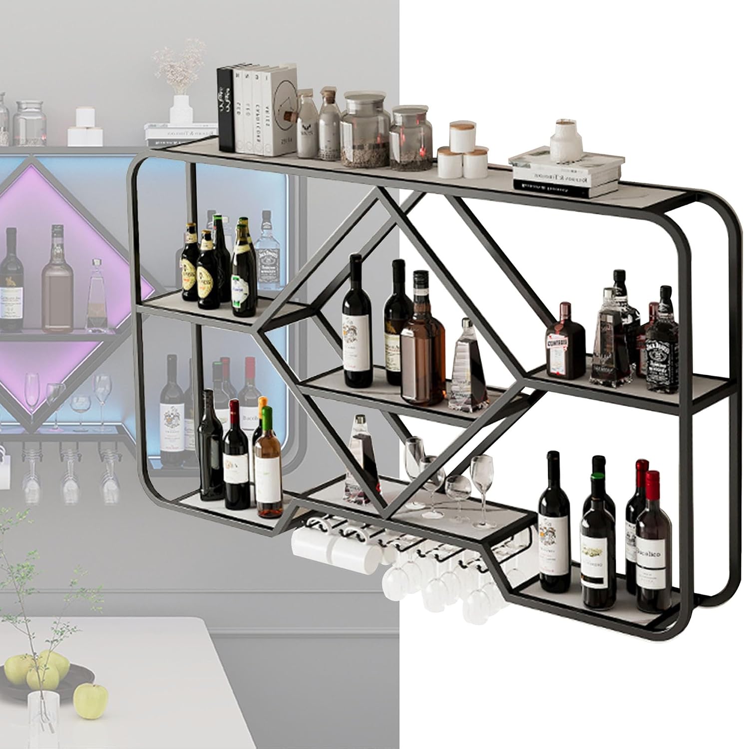 Wine Rack Floating Bar Shelves Wall Mounted Liquor Shelf with LED Light Liquor Bottle Display Shelf with Wine Glass Rack for Liquor Bottles for Home Bar Living Room Restaurant Cafe Kitchen(Black,100cm