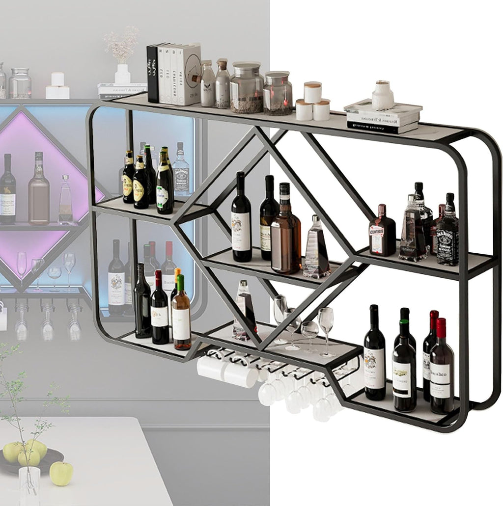Wine Rack Floating Bar Shelves Wall Mounted Liquor Shelf with LED Light Liquor Bottle Display Shelf with Wine Glass Rack for Home Bar Living Room Restaurant Cafe Kitchen (Black, 120cm)