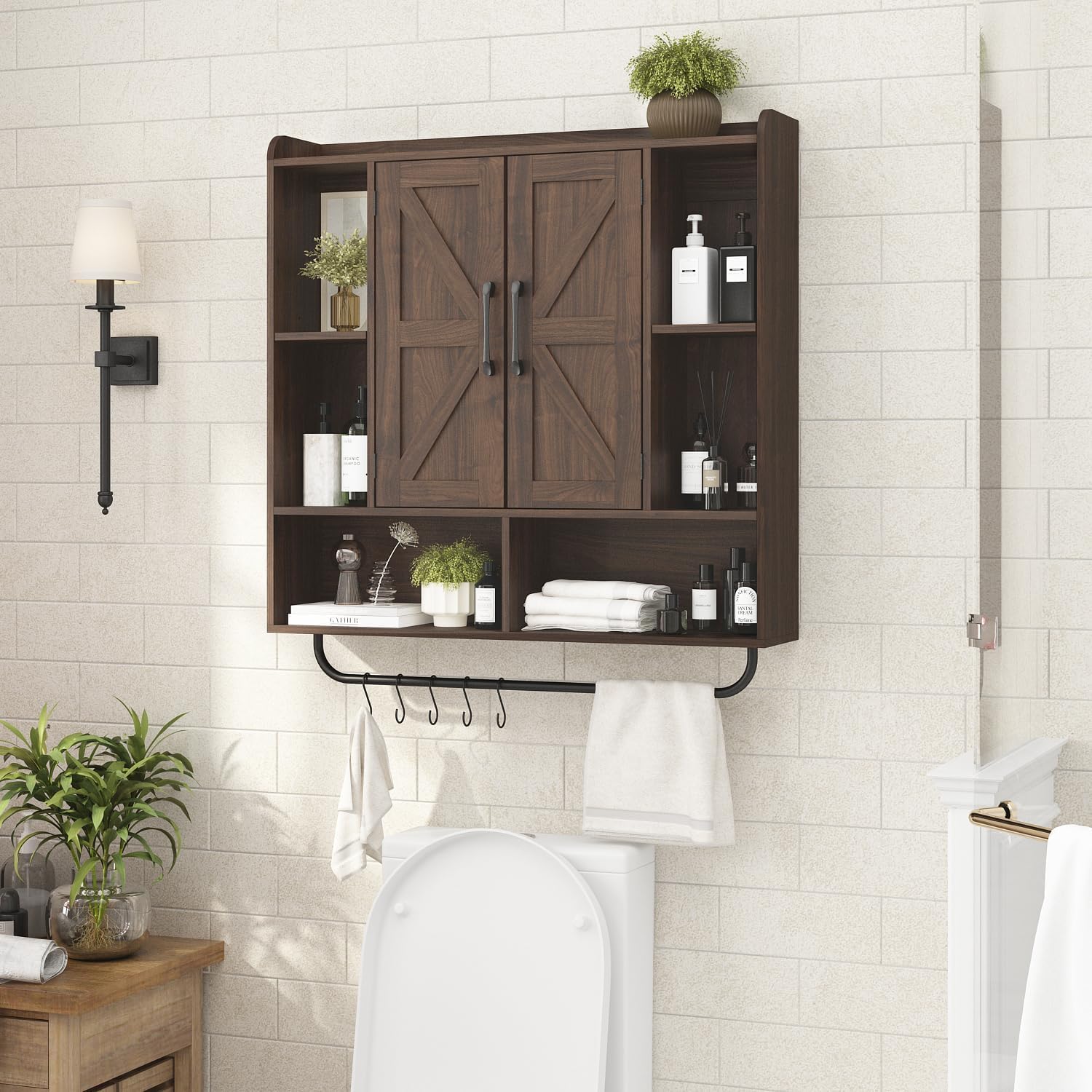 RUSTOWN Rustic Wood Wall Bathroom Cabinet, Farmhouse Medicine Cabinet Wall Mounted, Space Saving Wall Storage Cabinet with 2 Barn Door, 3-Tier Adjustable Shelves and Towel Bar(Dark Walnut)