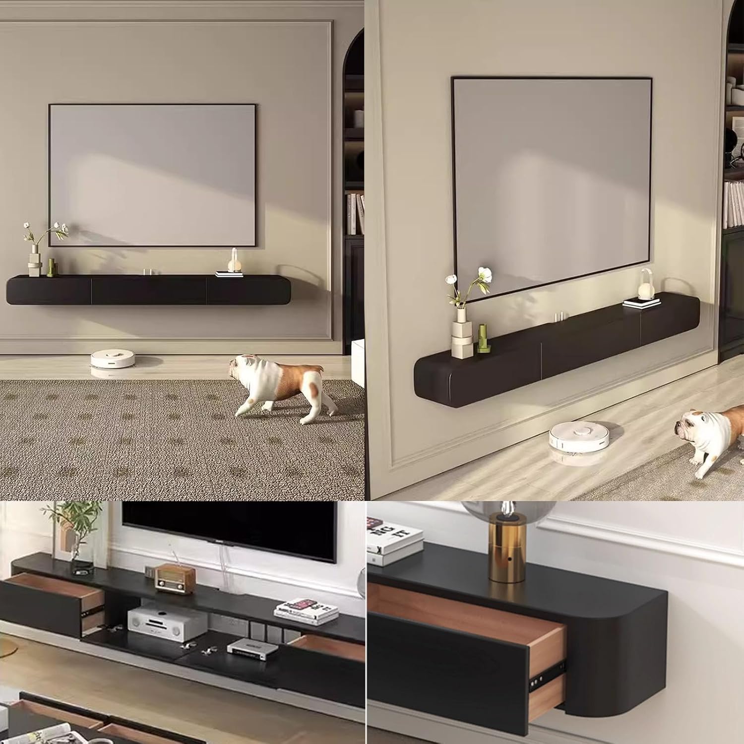 Floating TV Stand Large Floating TV Shelves Wall Mounted Multi Storage Compartment TV Media Console Floating TV Cabinet Bench Under TV Large Storage TV Lowboard (Black, 47.2 * 7.9 * 9.4 in)