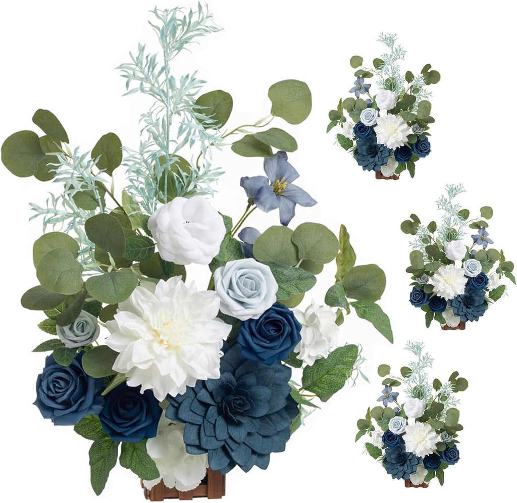 Ling's moment 17.5' Tall Standing Artificial Flowers Arrangements 4 pcs Wedding Aisle Runner Chair Decorations Dusty Blue Navy Centerpieces for Ceremony Reception Rose Floral Party Outdoor