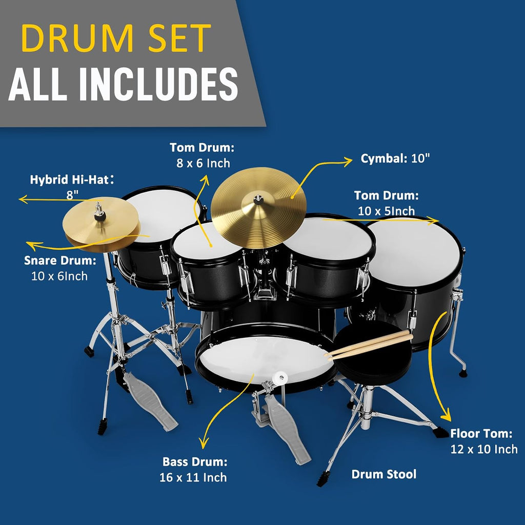 Ktaxon 5-Piece Complete Junior Drums Set, 16 Inch Beginners Drum Kit with Throne Stool, Pedal & Drumsticks, Drums Musical Instruments W/Cymbal, Hi-Hat, Floor, Tom and Snare Drum (Black)