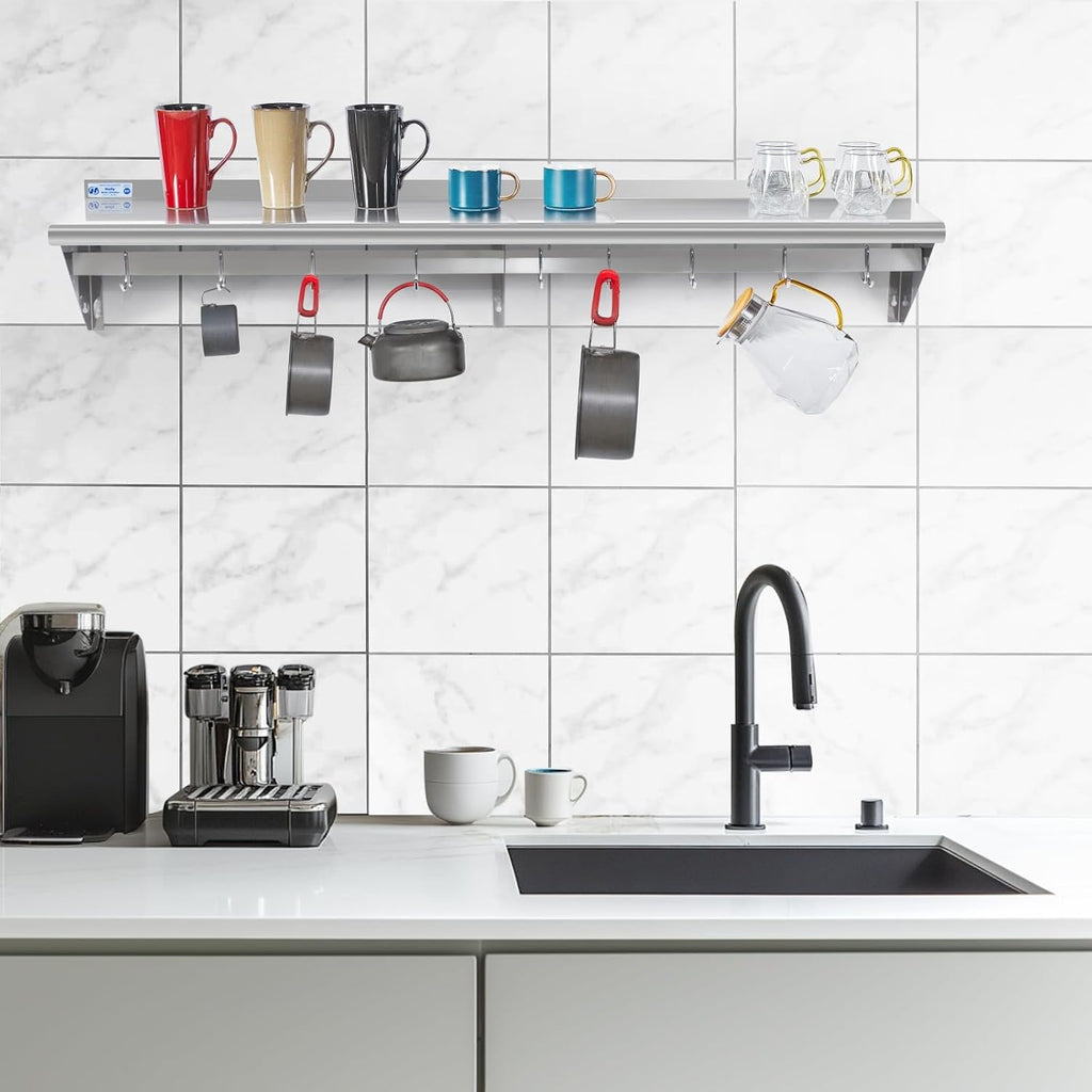 Hally Stainless Steel Shelf with 9 Hooks 12' x 60' Wall Mounted Pot Rack 315lb, NSF Commercial Floating Shelving for Storage Hanging Pots, Pans, cookware in Restaurant, Kitchen, Home and Hotel