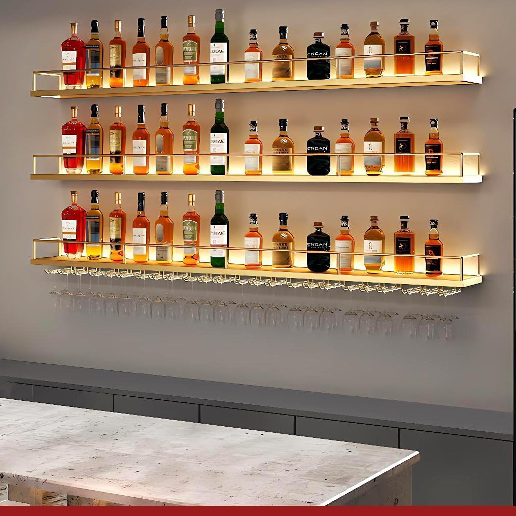 Metal Wall Mounted Wine Rack with LED Light, 3 Tiers Liquor Bottles Floating Shelves with Glass Holder, Wine Shelf Industrial Bar Shelves for Home Bar Dining(Gold, 100cm/39.3in)