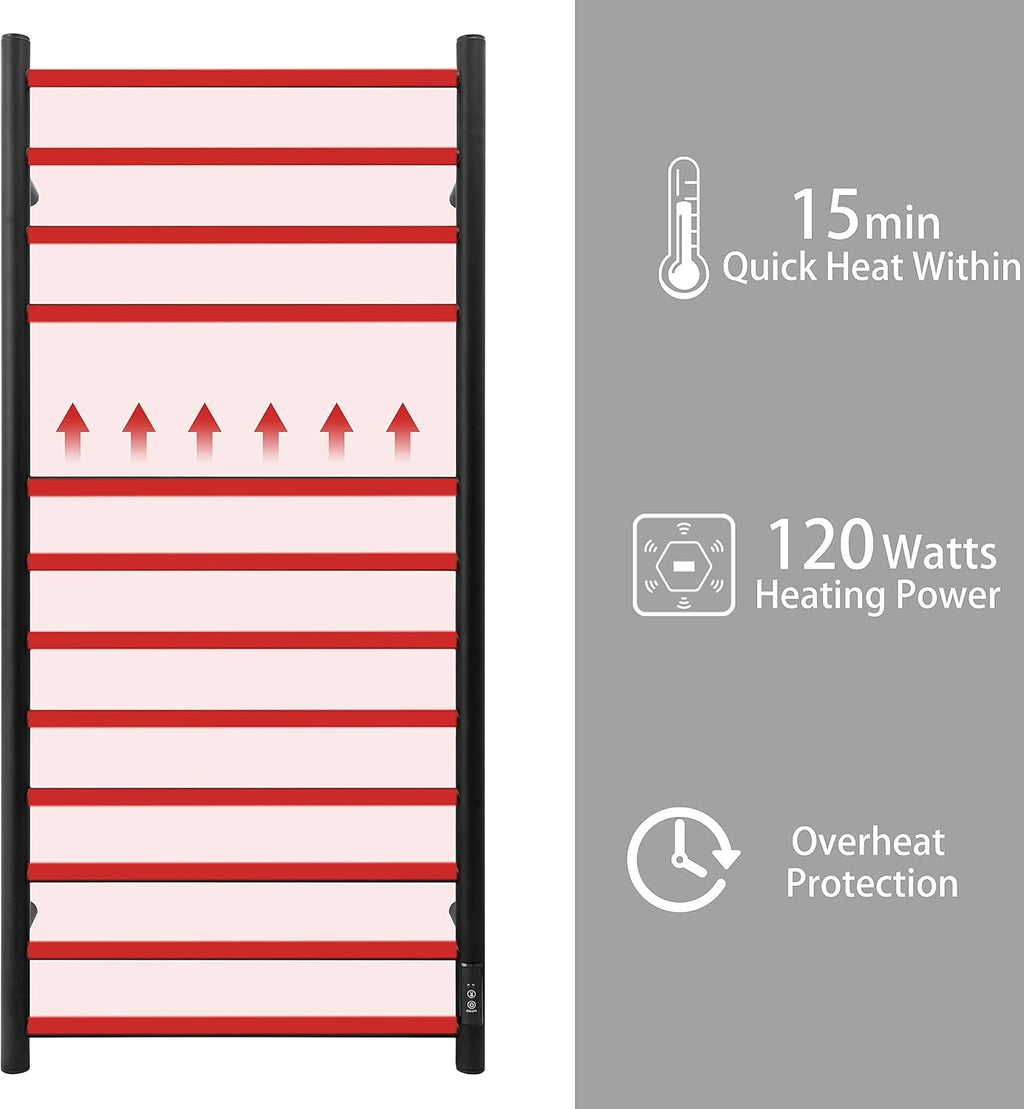 KEG Towel Warmer Wall Mounted with Built-in Timer 12 Bars Electric Stainless Steel Heated Towel Racks for Bathroom, Hot Plug-in Bath Towel Heater Matte Black