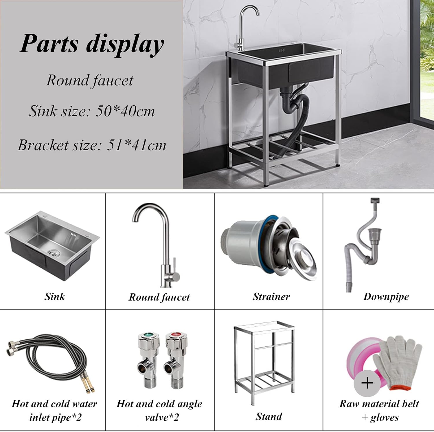 Free Standing Stainless-Steel Single Bowl Sink Commercial Restaurant Kitchen Sink Set with Faucet and Storage Shelve, Utility Washing Hand Basin for Indoor Outdoor