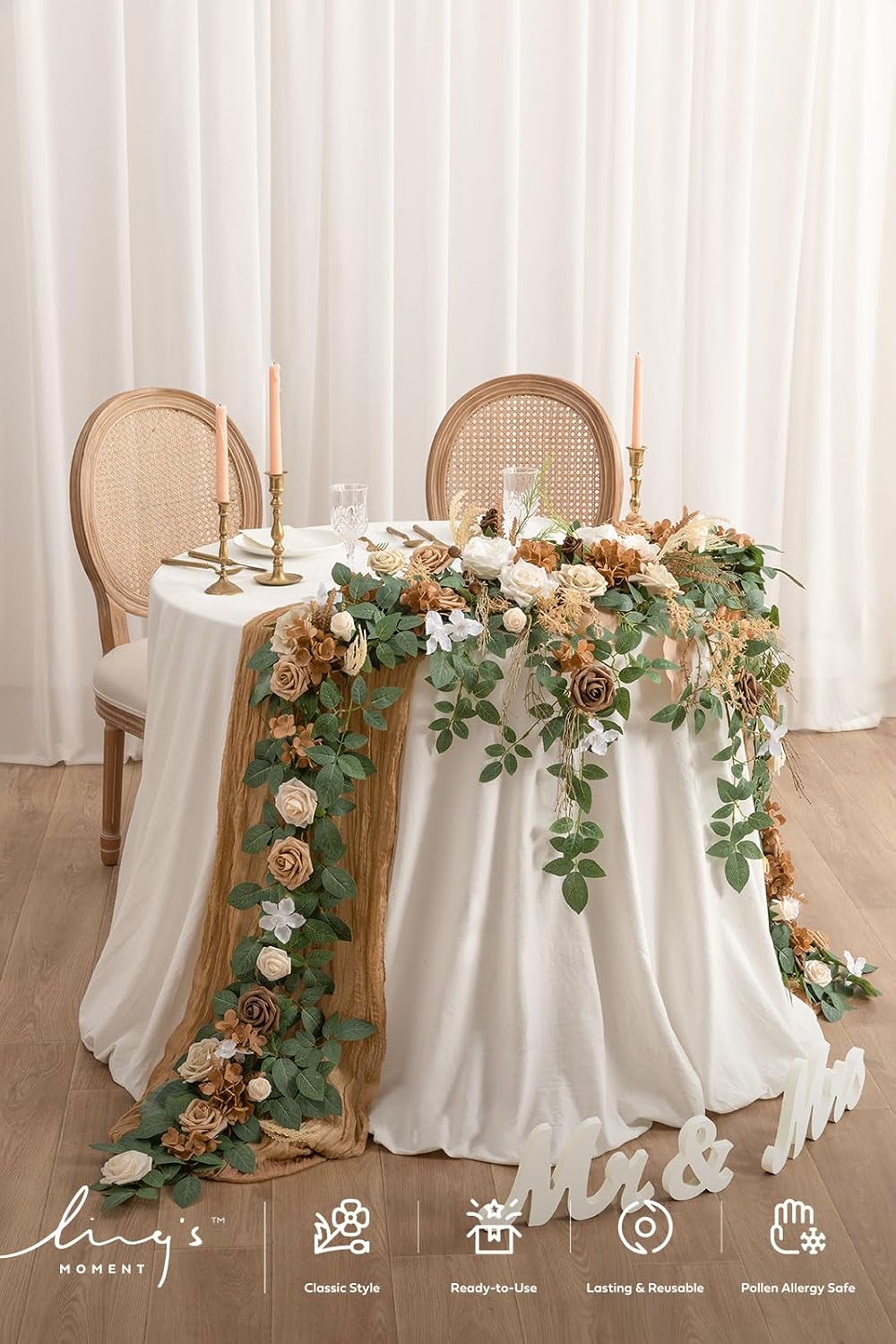 Ling's moment 9FT Spring Flower Garland for Backdrop Decorations - Wedding Arch Flowers, Eucalyptus & Rose, Artificial Floral Garland for Mantel - Sweetheart Table Decor for Reception, Beige Brown