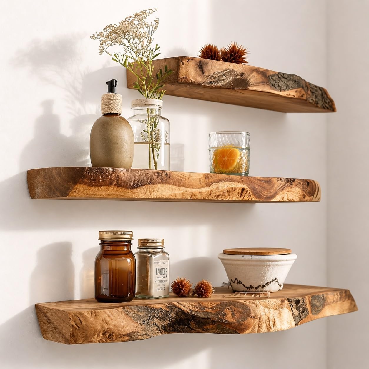 Rustic Live Edge Wall Mounted Floating Shelves, Natural Wood, Kitchen Bathroom Storage Display (24' W X 6' D X 1.5' (Inches))