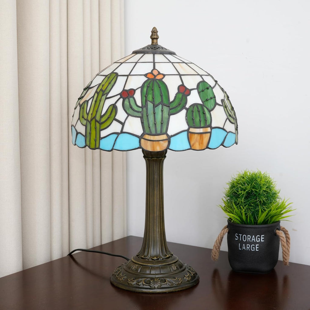 Tiffany Stained Glass Table Lamp Creative Cactus Style Unique Gift for Nature Enthusiasts Bedroom Bedlight Living Room Dining Room Office Desk Home Decor Table Lamp Atmosphere Light