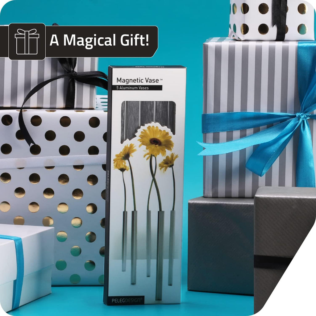 PELEG DESIGN Magnetic Bud Vase Set (Silver) - Unique Home Decor Gift & Modern Table Centerpiece - 20 Aluminum Single Stem Vases - 9.4' Tall Gravity Defying Decor