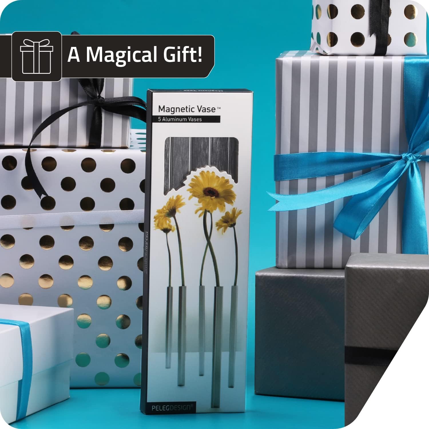 PELEG DESIGN Magnetic Bud Vase Set (Silver) - Unique Home Decor Gift & Modern Table Centerpiece - 20 Aluminum Single Stem Vases - 9.4' Tall Gravity Defying Decor