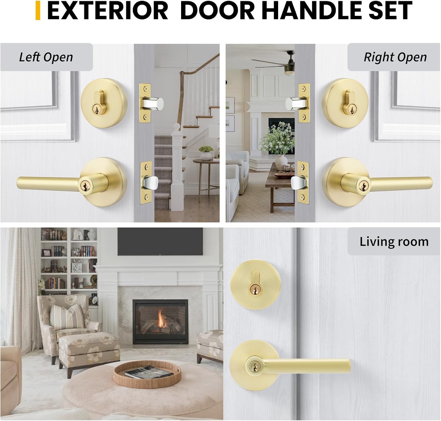 Goldenwarm Exterior Deadbolt and Keyed Entry Door Handle Set, Heavy Duty Zinc Alloy Gold Door Lever, Key Entry Front Brushed Gold Door Handle with Lock and Key(3 Pack)