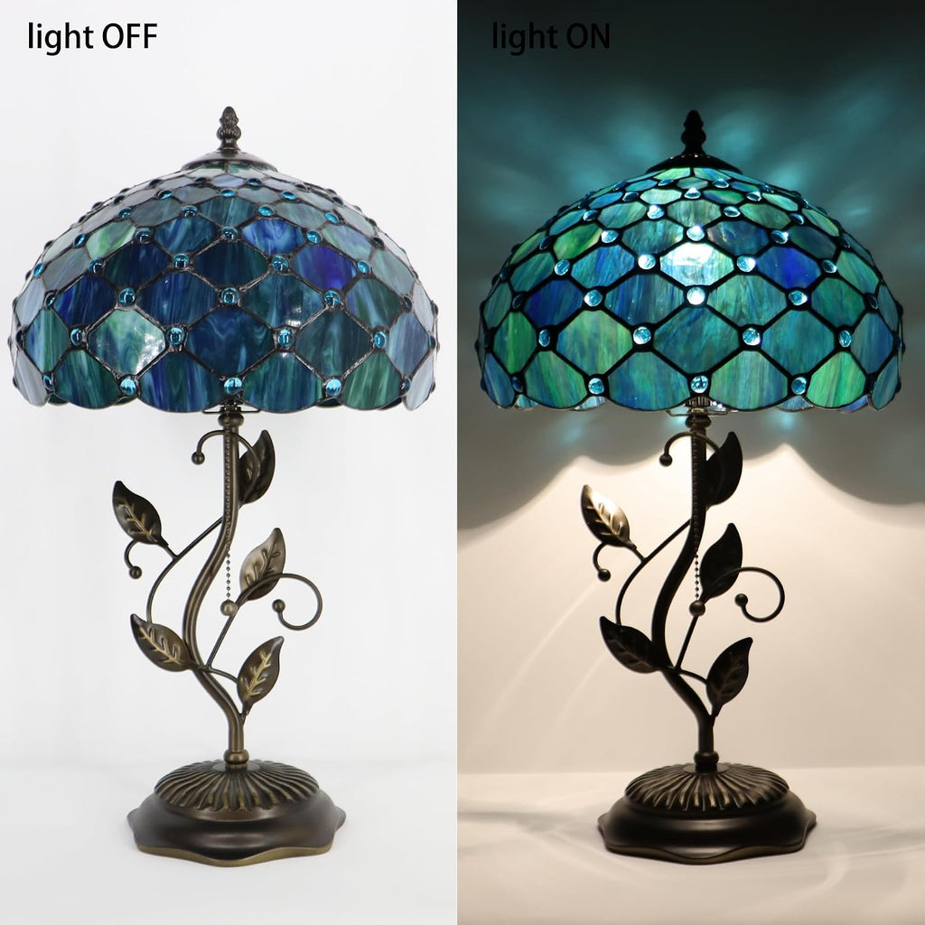 Tiffany Table Lamp, Stained Glass Desk Light, W12H19 Inch, Metal Leaf Base (Sea Blue Pearl Style)