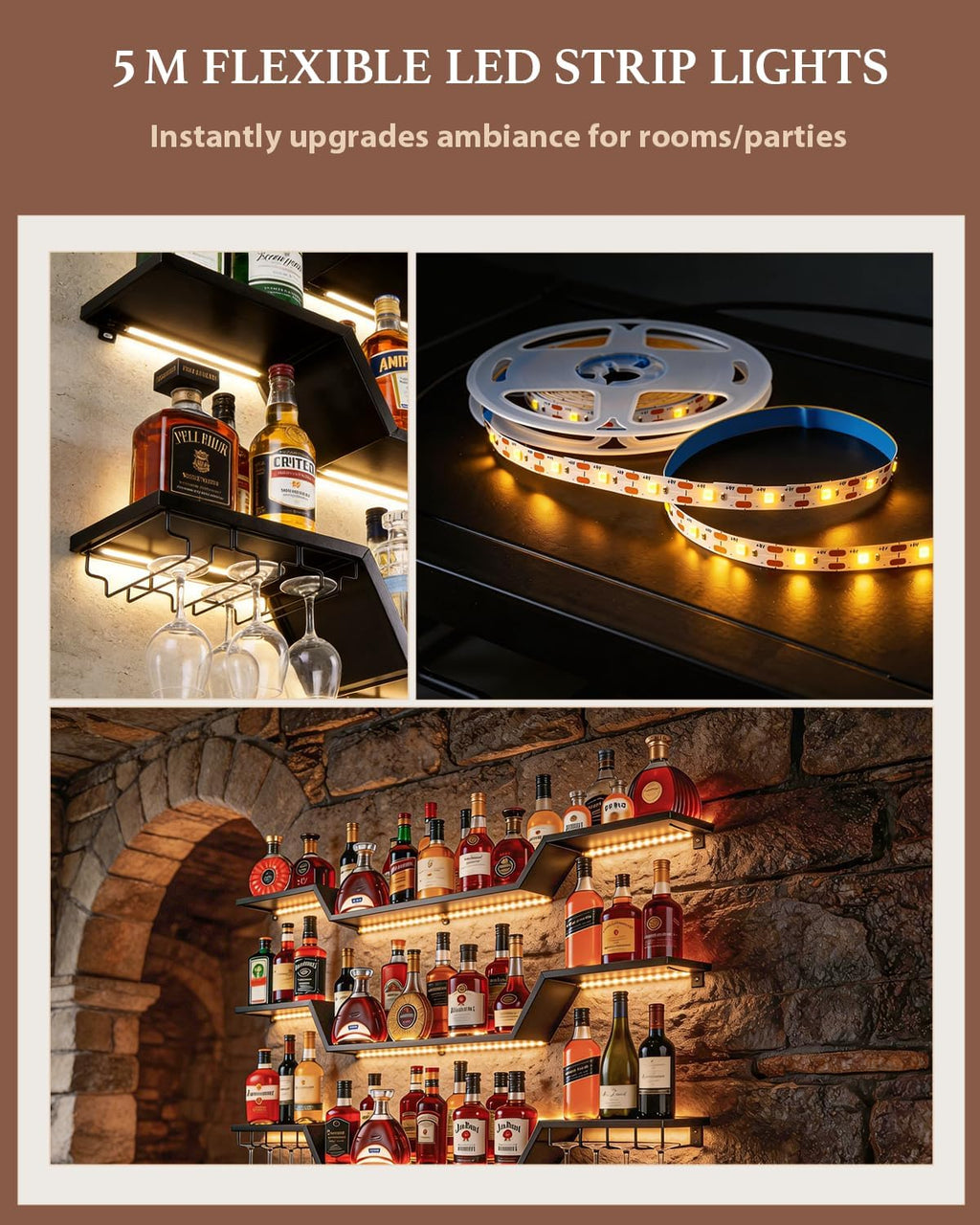 47.2 in Wall Mounted Wine Rack with Glass Holder,3-Tier | LED Light Floating Bar Shelves ,Wave Design, DIY Combinable, Heavy-Duty Metal Display for Home Bar, Cafe Decor