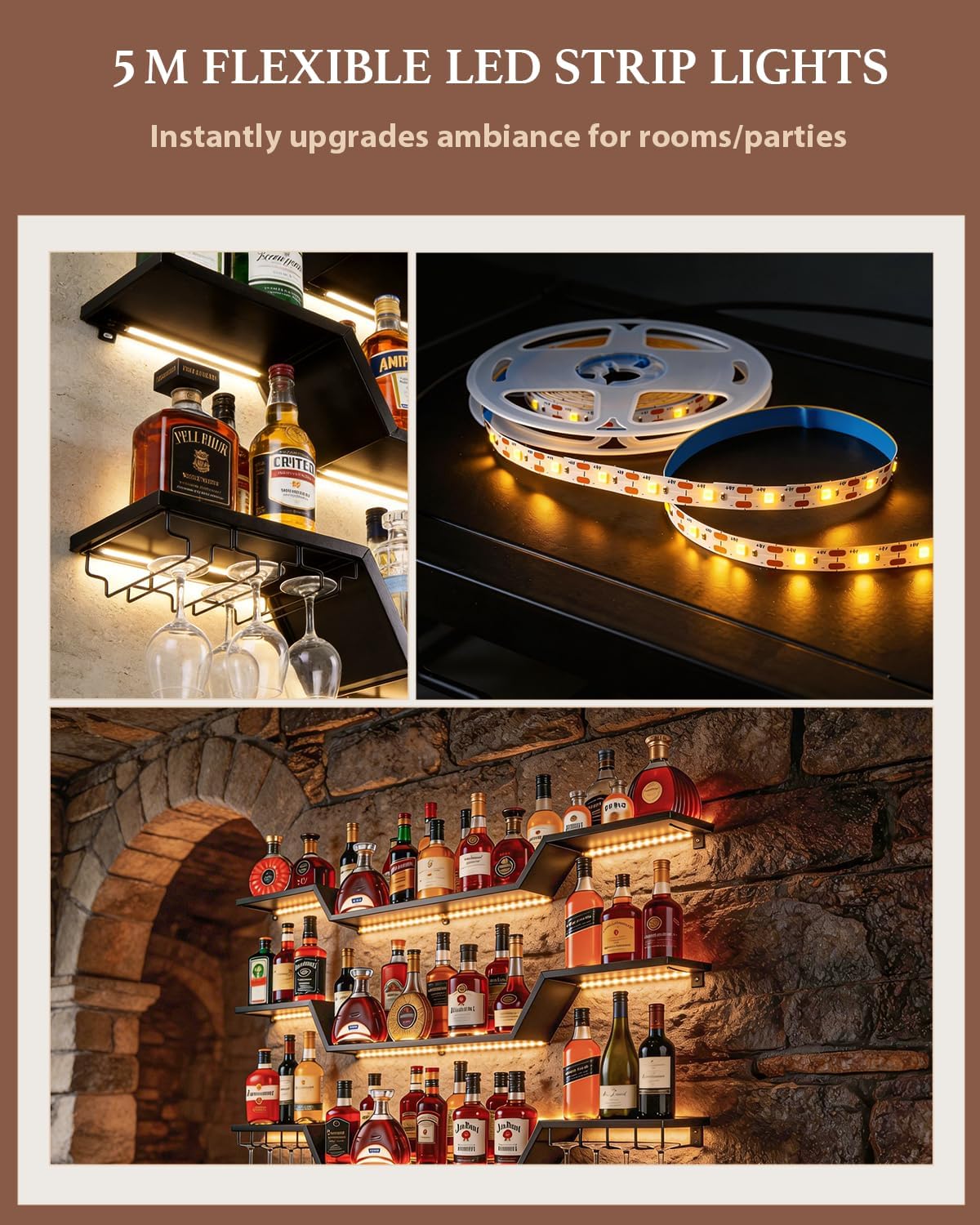 47.2 in Wall Mounted Wine Rack with Glass Holder,3-Tier | LED Light Floating Bar Shelves ,Wave Design, DIY Combinable, Heavy-Duty Metal Display for Home Bar, Cafe Decor