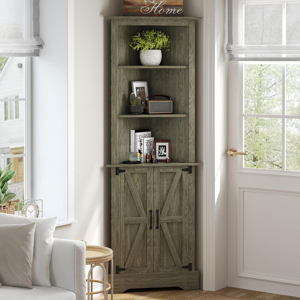 4 EVER WINNER Farmhouse Corner Cabinet, 68' Tall Corner Cabinet with 5-Tier Adjustable Shelves and Barn Doors for Small Spaces, Living Room, Dining Room, Hallway, Bathroom, Kitchen, Grey