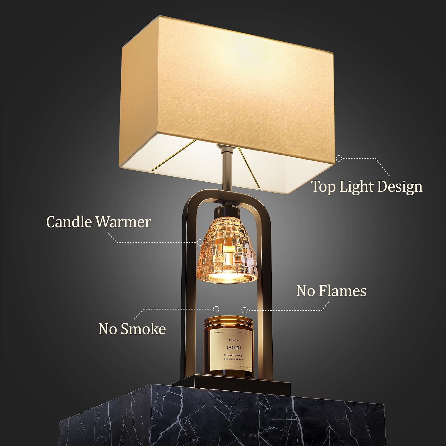 PoKat Bedside Table Lamps with Candle Warmer & Timer for Bedroom, Farmhouse Lamps Set of 2 for Night Stands, 21.5'' Bedroom Lamps Decor for Living Room, Side Table, Hallway, Bulbs Included, Black